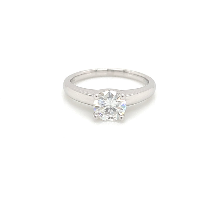 1.0ct Four Prong Raised Shoulder Solitaire Charles & Colvard Forever Brilliant Moissanite Ring 14K White Gold