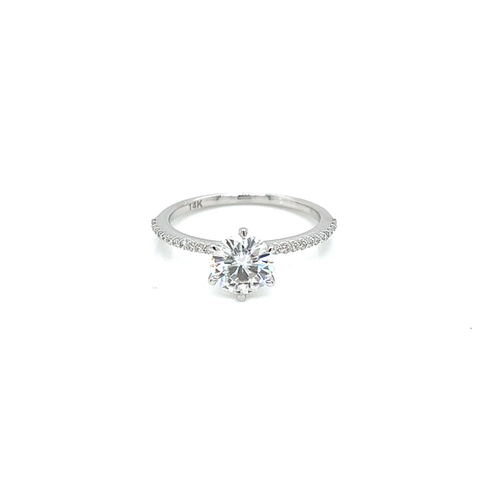 1.12ct Round Six Claw Prong Diamond Pavé Charles and Colvard Forever One Moissanite Engagement Ring 14K White Gold