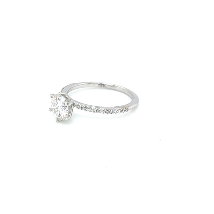 1.12ct Round Six Claw Prong Diamond Pavé Charles and Colvard Forever One Moissanite Engagement Ring 14K White Gold