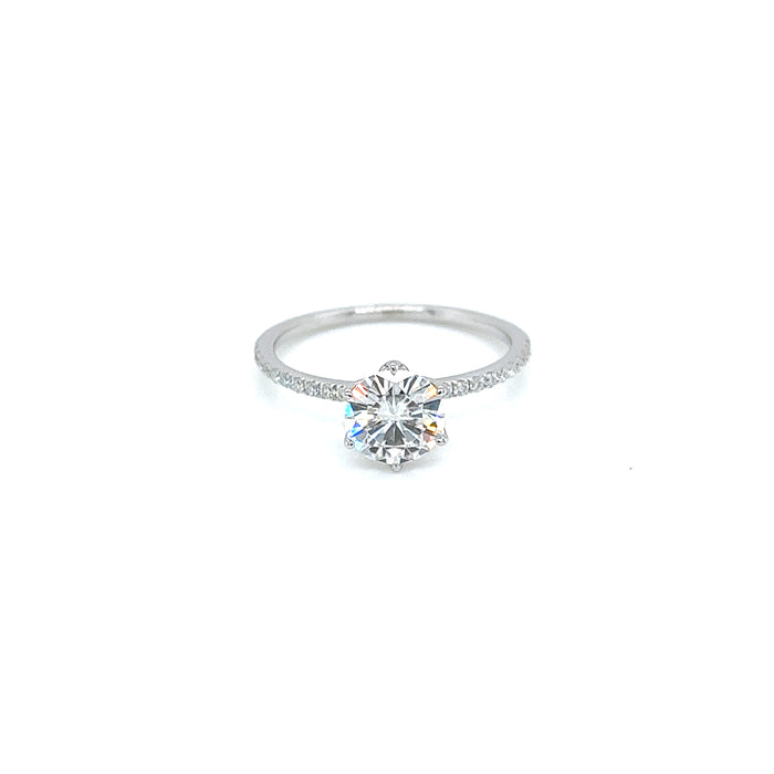 1.14ct Round Six Floral Prong Tapered Base Pavé Charles and Colvard Forever Brilliant Moissanite Engagement Ring 14K White Gold