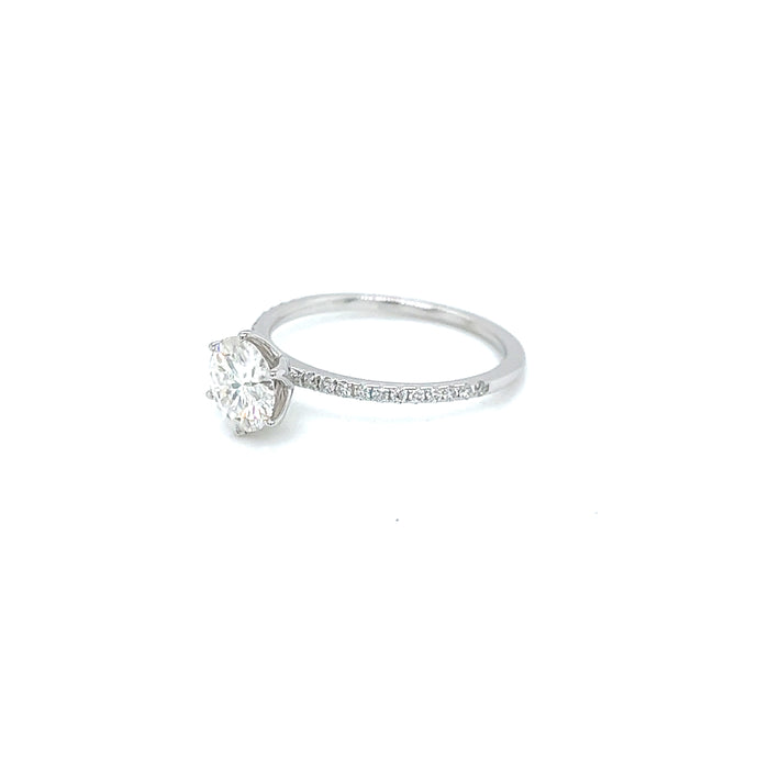 1.14ct Round Six Floral Prong Tapered Base Pavé Charles and Colvard Forever Brilliant Moissanite Engagement Ring 14K White Gold