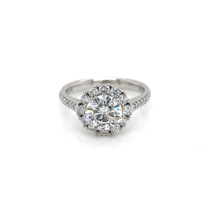 1.70cttw Round Double Prong Halo Cathedral Shank Pavé Charles & Colvard Forever One Moissanite Center Engagement Ring