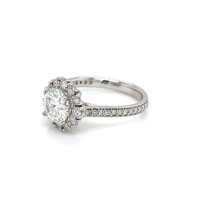 1.70cttw Round Double Prong Halo Cathedral Shank Pavé Charles & Colvard Forever One Moissanite Center Engagement Ring