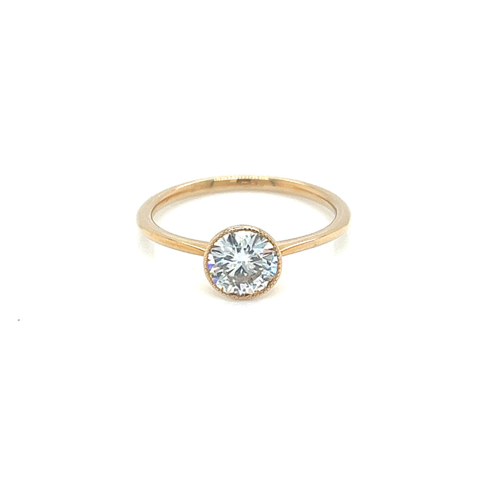 0.80ct Round Bezel Milgrain Solitaire Charles & Colvard Forever Brilliant Moissanite Ring 14K Yellow Gold