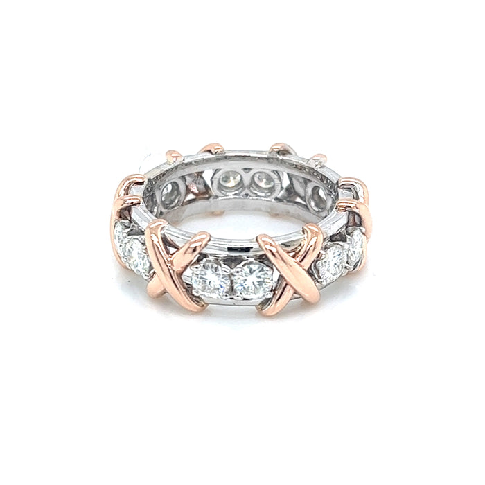 Two Tone X Detail 14K White and Rose Gold Moissanite Eternity Band