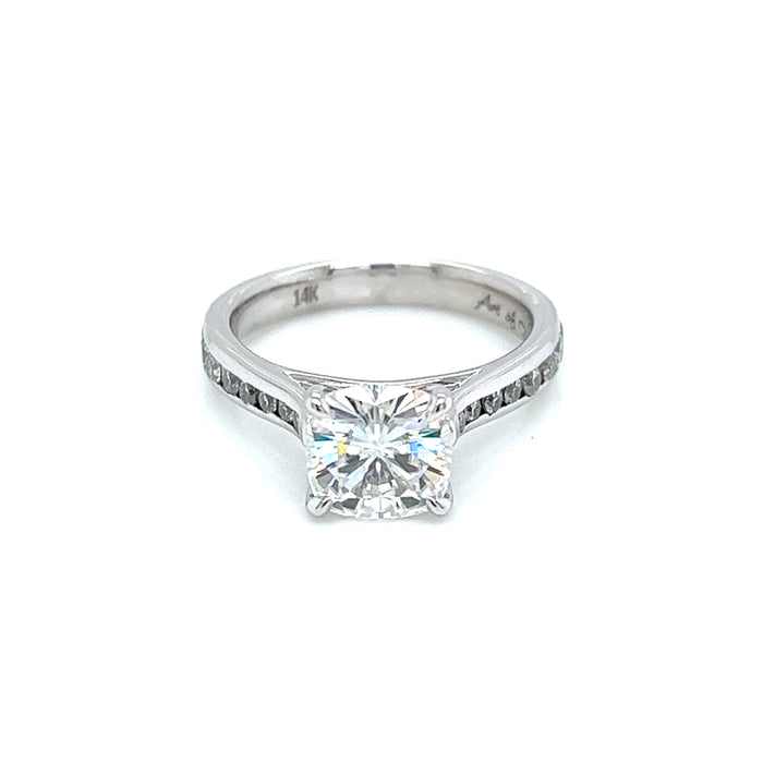 2.30ct Cushion Four Claw Prong Channel Set Cathedral Shank Charles & Colvard Forever Brilliant Moissanite Engagement Ring 14K White Gold