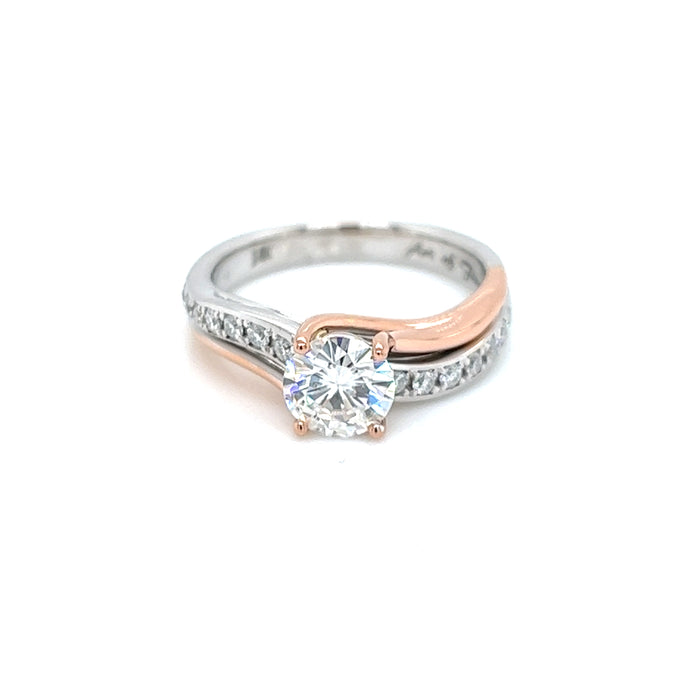 1.22ct Round Four Prong Bypass Two Tone Charles & Colvard Forever Brilliant Moissanite Engagement Ring 14K White and Rose Gold