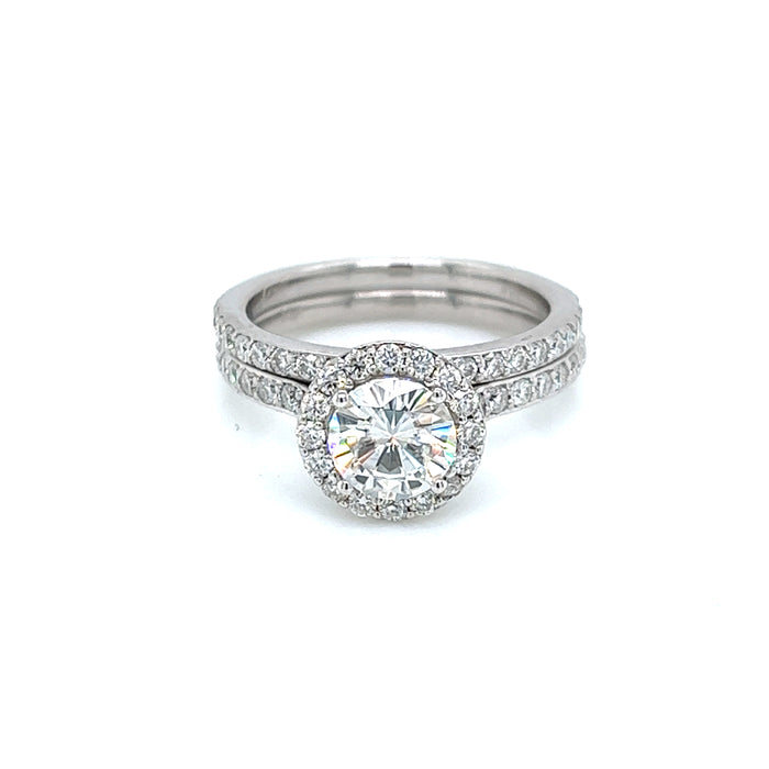 1.54cttw Round Halo Charles & Colvard Forever Brilliant Moissanite Bridal Set 14K White Gold