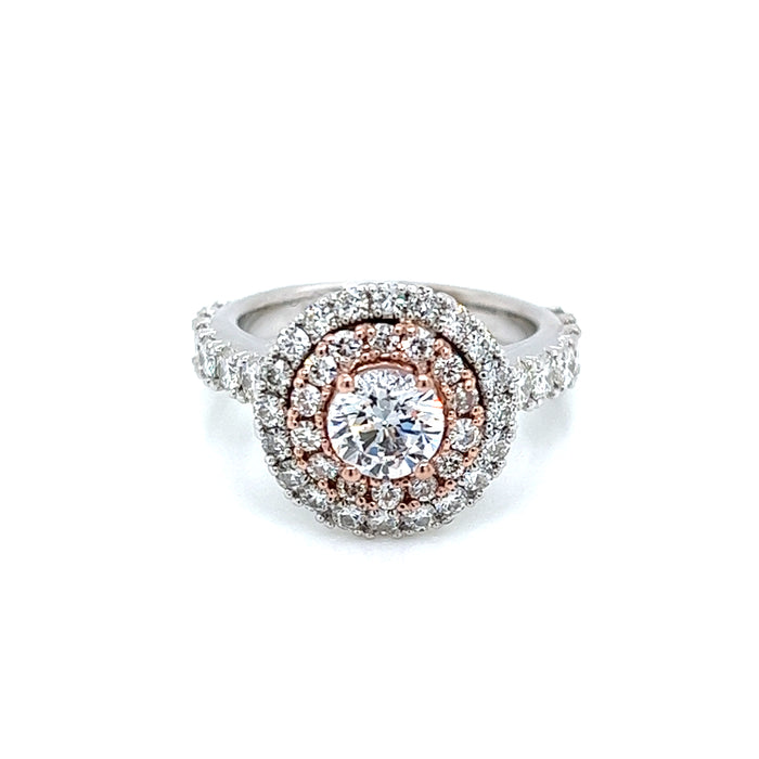 2.13ct Round Double Halo Two Tone Cathedral Shank Moissanite Engagement Ring 14K White and Rose Gold