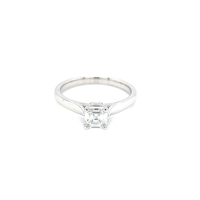 0.60ct Asscher Four Prong Graduated Cathedral Shank Solitaire Charles & Colvard Forever One Moissanite Ring 14K White Gold