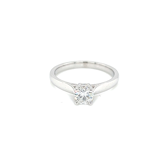 0.75ct Round Four Prong Graduated Cathedral Shank Solitaire Charles & Colvard Forever One Moissanite Ring 14K White Gold