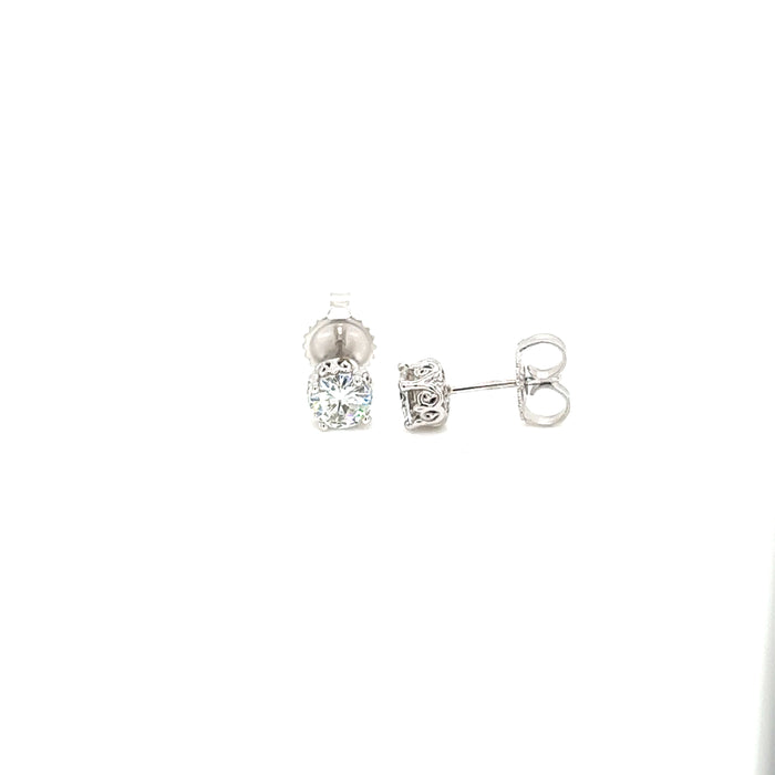 1.00cttw Round Four Prong Queen's Crown Charles and Colvard Forever Brilliant Moissanite Studs 14K White Gold