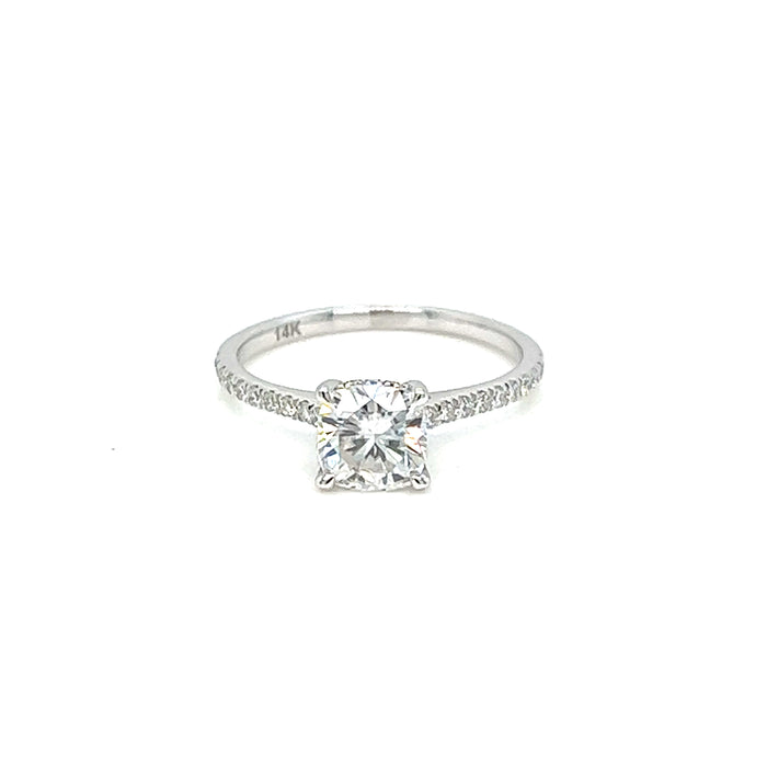 1.31cttw Cushion Diamond Hidden Halo Cathedral Shank Pavé Charles & Colvard Forever Moissanite Center Engagement Ring