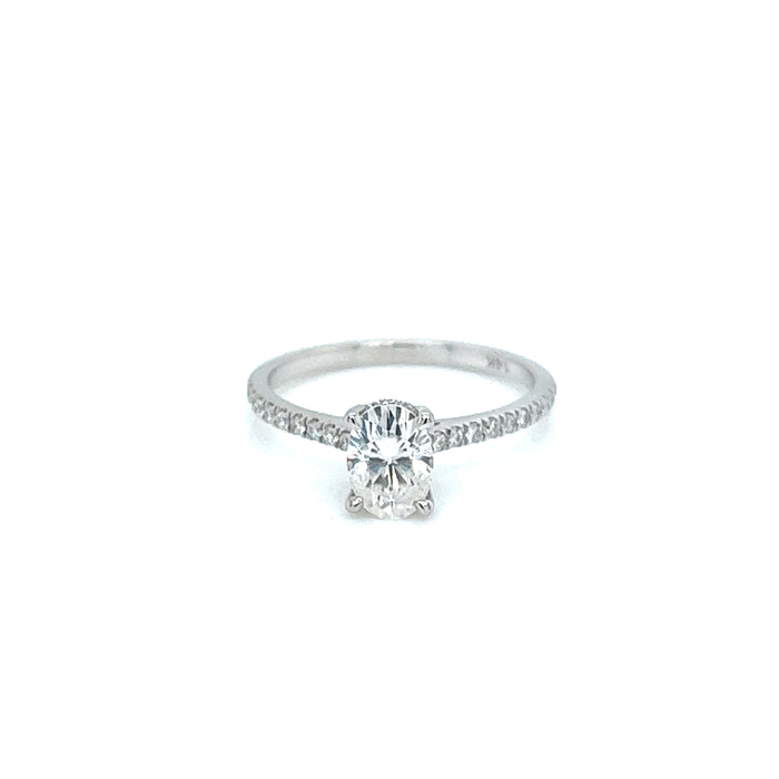 1.11cttw Oval Diamond Hidden Halo Cathedral Shank Pavé Charles & Colvard Forever One Moissanite Center Engagement Ring