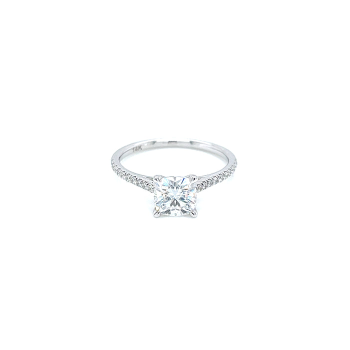 1.26ct Cushion Four Prong Cathedral Shank Diamond Pavé Charles & Colvard Forever One Oval Moissanite Engagement Ring 14K White Gold