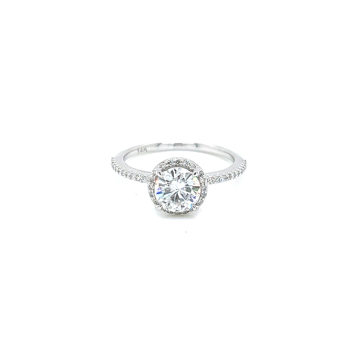 1.22cttw Round Diamond Halo Cathedral Shank Pavé Charles & Colvard Forever One Round Brilliant Cut Moissanite Center Engagement Ring