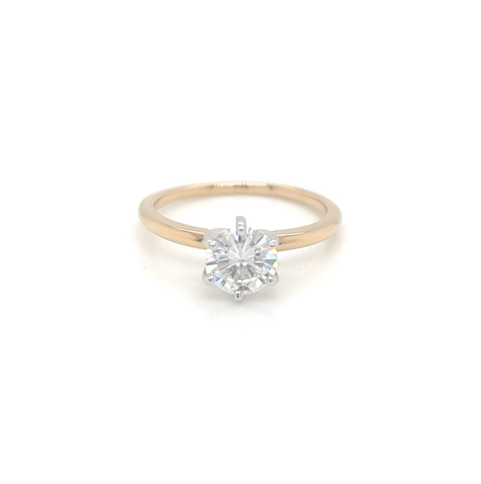 1.0ct Round Six Prong Solitaire Charles & Colvard Forever One Moissanite Ring 14K White and Yellow Gold