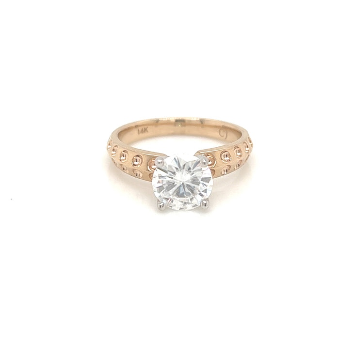 1.5ct Round Four Prong Dimpled Shank Solitaire Charles & Colvard Forever One Moissanite Ring 14K Yellow and White Gold