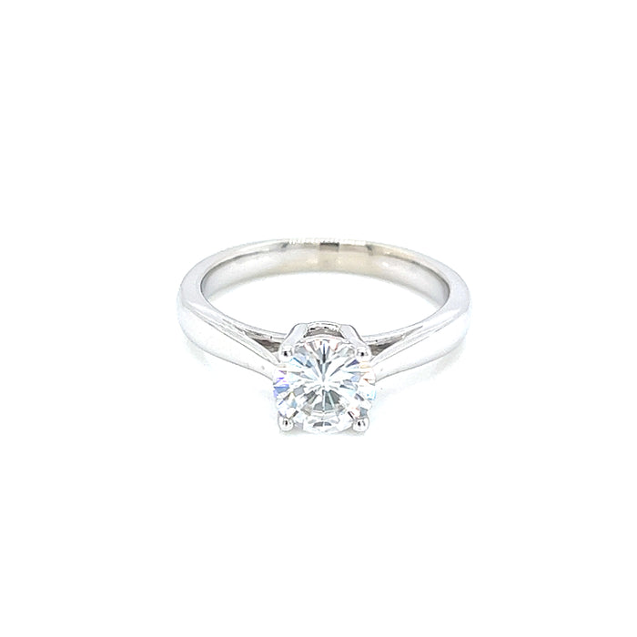 1.0ct Round Four Prong Cathedral Shank Solitaire Charles & Colvard Forever Brilliant Moissanite Ring 14K White Gold