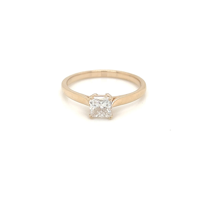 0.73ct Princess Cut Four Prong Graduated Cathedral Shank Solitaire Charles & Colvard Forever One Moissanite Ring 14K Yellow Gold