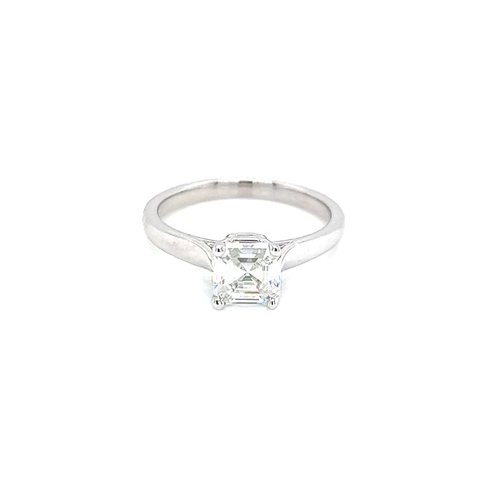 1.0ct Asscher Four Prong Graduated Cathedral Shank Solitaire Charles & Colvard Forever One Moissanite Ring 14K White Gold