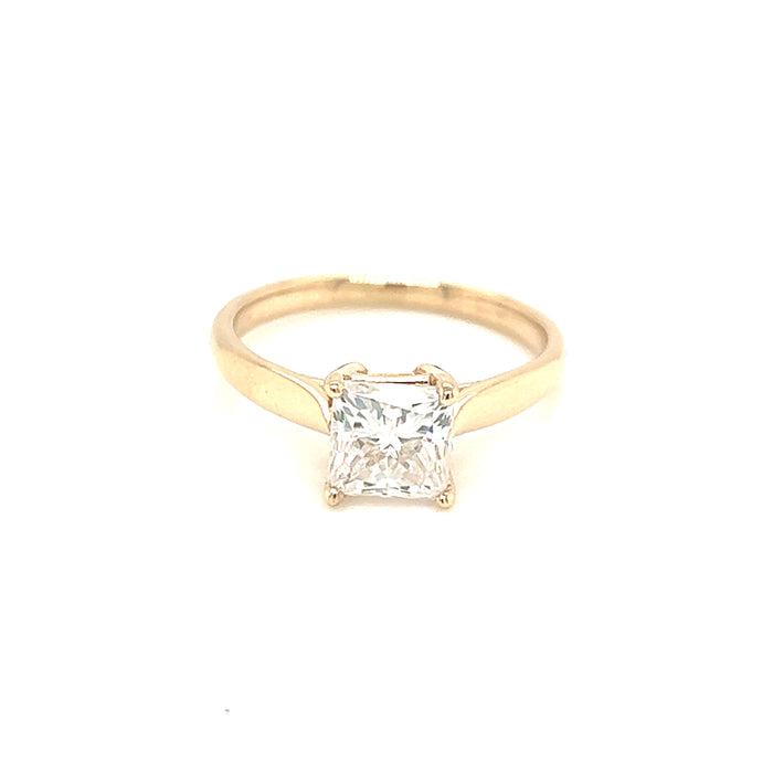 1.07ct Princess Cut Four Prong Graduated Cathedral Shank Solitaire Charles & Colvard Forever One Princess Cut Moissanite Ring14K Yellow Gold