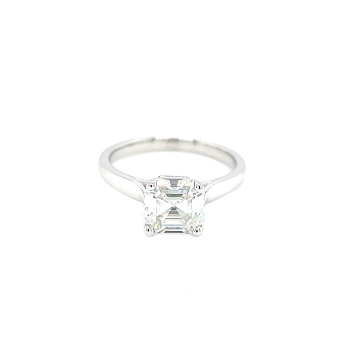 1.50ct Charles & Colvard Forever One Asscher Moissanite Four Prong Graduated Cathedral Shank Solitaire Ring 14K White Gold