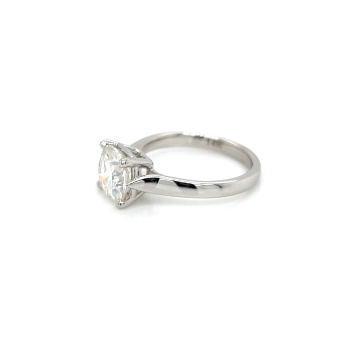 2.40ct Cushion Cut Four Prong Graduated Cathedral Shank Solitaire Charles & Colvard Forever Brilliant Cushion Moissanite Ring 14K White Gold